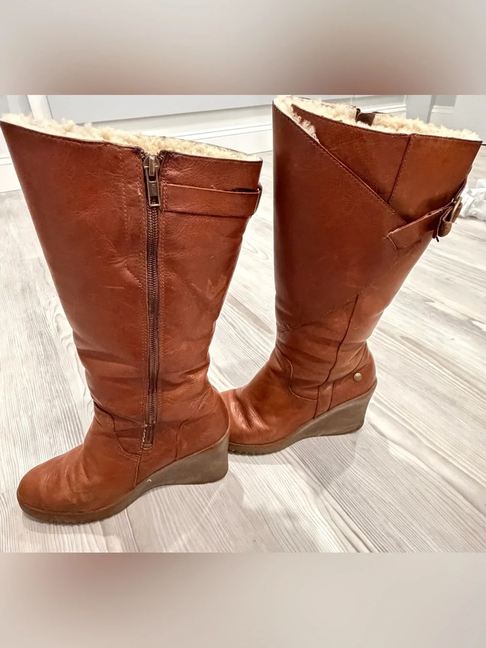 UGG Leather Tall Wedge Women’s Boots. Sherpa lined. Cognac Brown. Size 7. Used